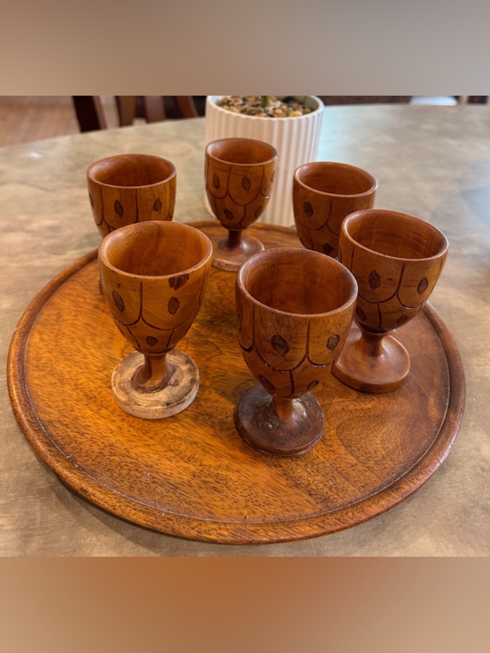 Vintage Hand-Carved Wooden Goblet Set with tray